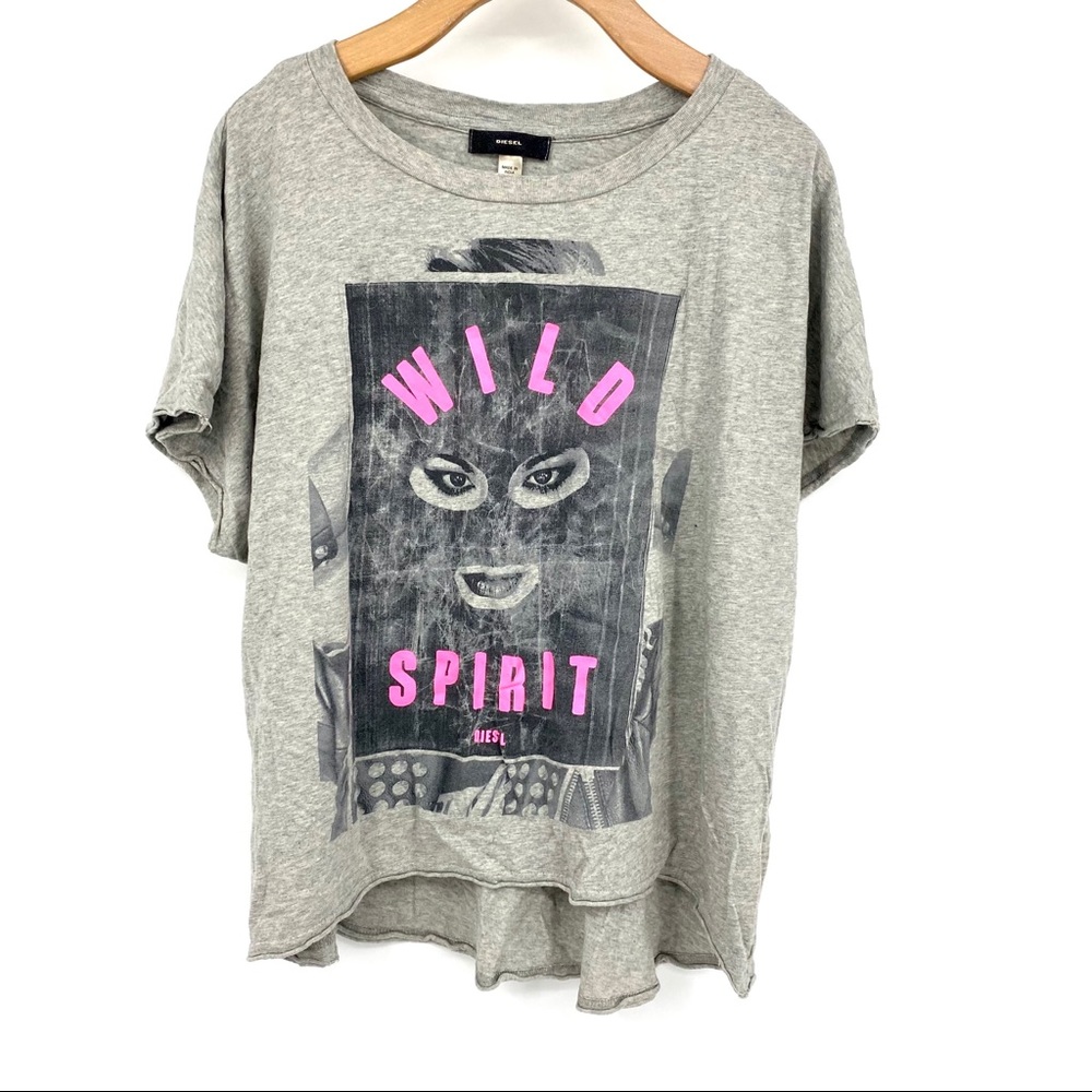 Diesel Gray Graphic 'Wild Spirit' Short Sleeve Tee with Pink Text